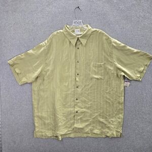 Perry Ellis Men Button Up Shirt 2XL Green 100% Silk Short Sleeve Collar NWT